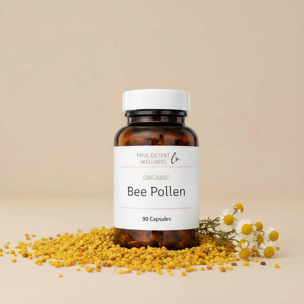 Raw bee pollen capsules superfood supplement by Pink Desert Wellness Co.