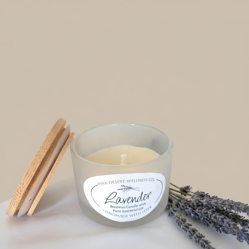 Handcrafted lavender beeswax candle by Pink Desert Wellness Co.