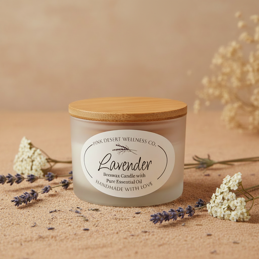 Handcrafted lavender beeswax candle by Pink Desert Wellness Co.